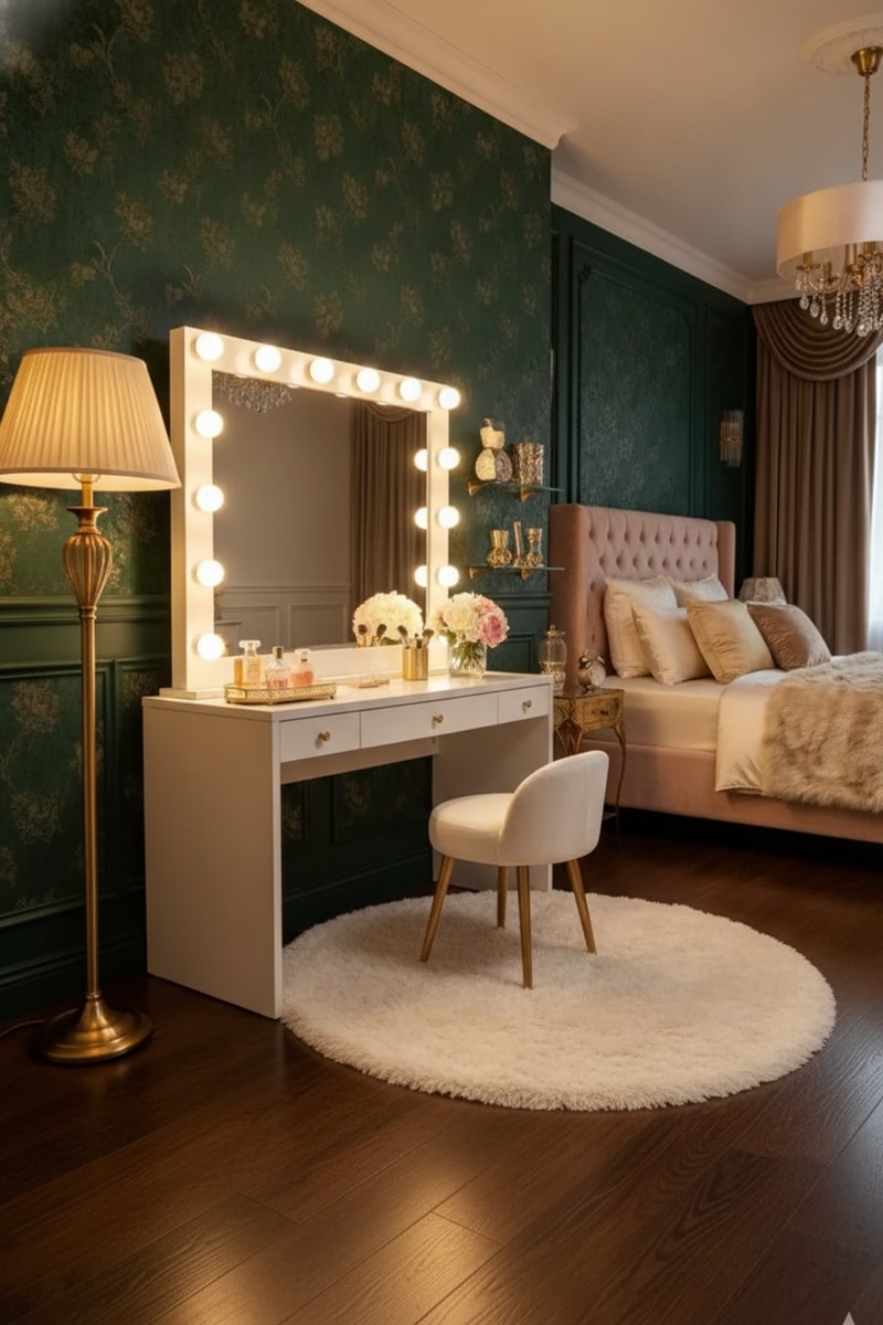 Blush Shaggy Round Bedroom Accent Rug styled in a room
