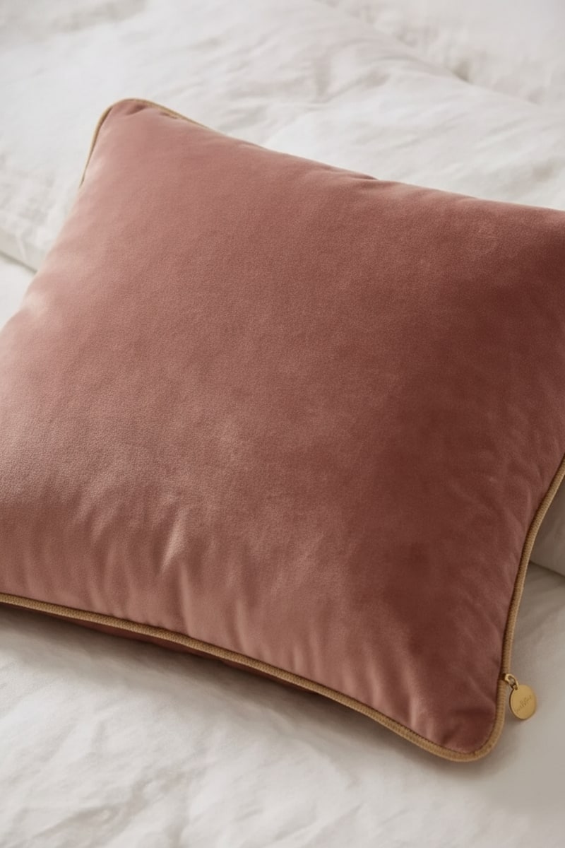 Blush Velvet Square Throw Pillow styled in a room