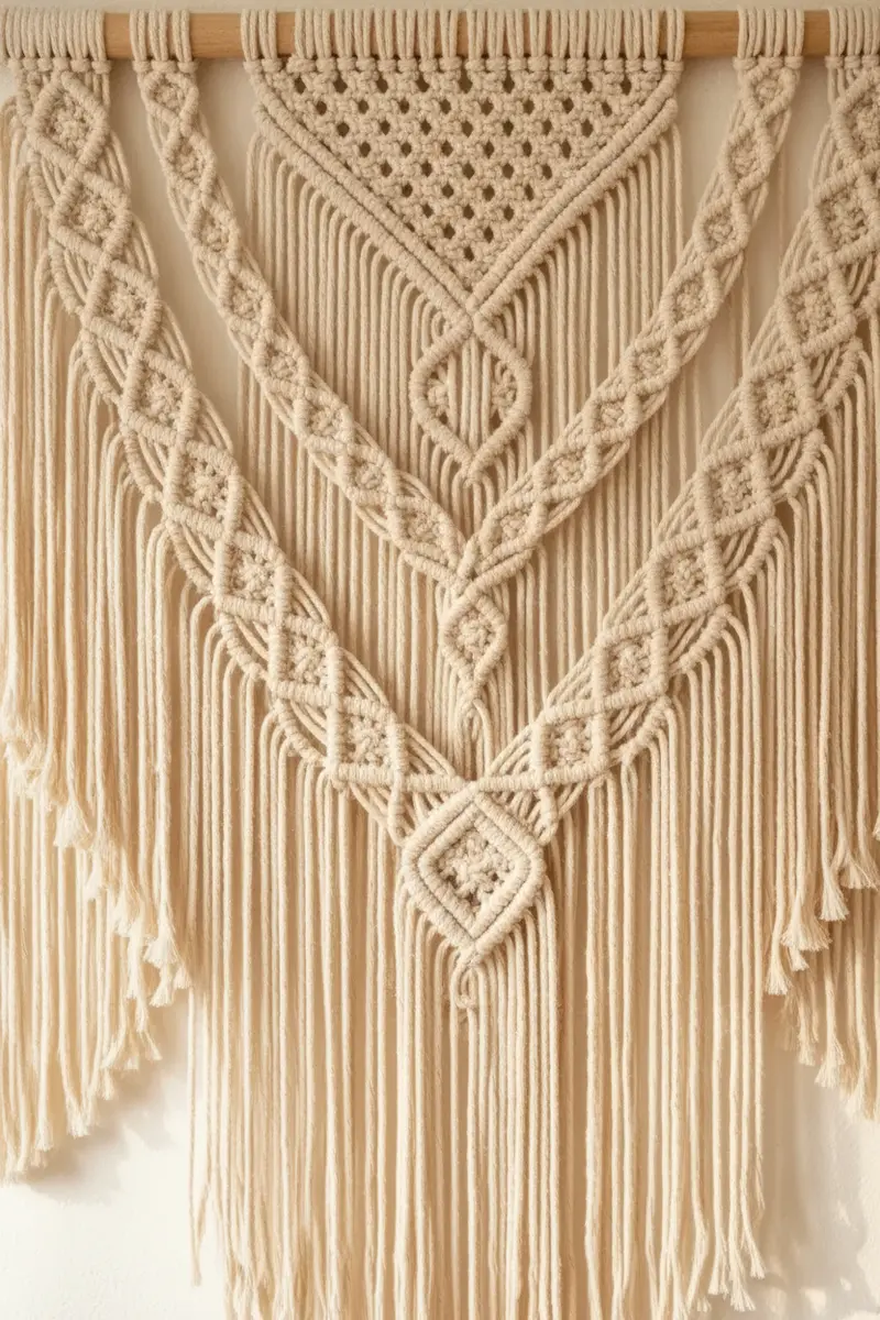 Macrame wall hanging fringe detail sized to a queen bed width