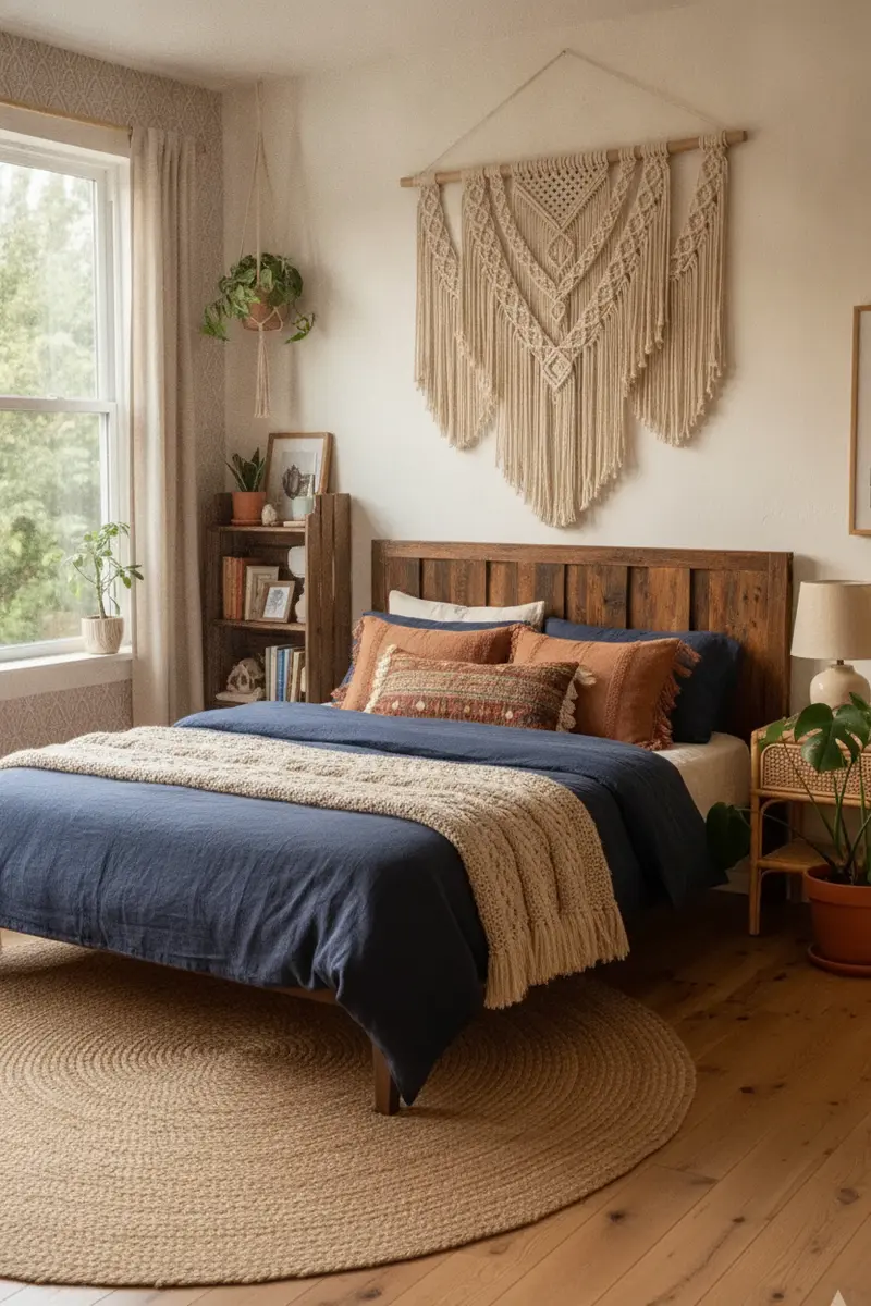 Macrame wall hanging paired with wood and rattan bedroom accents