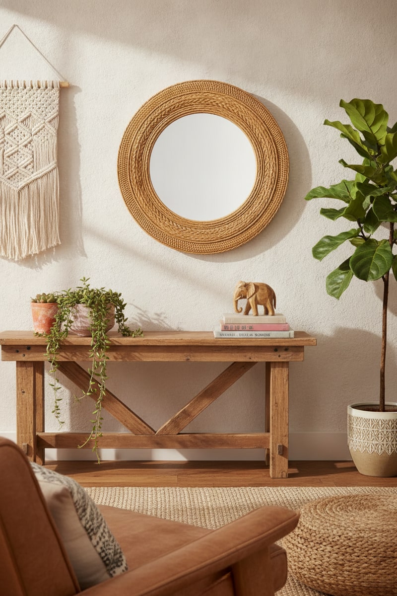 Boho Rattan Round Wall Mirror view 3