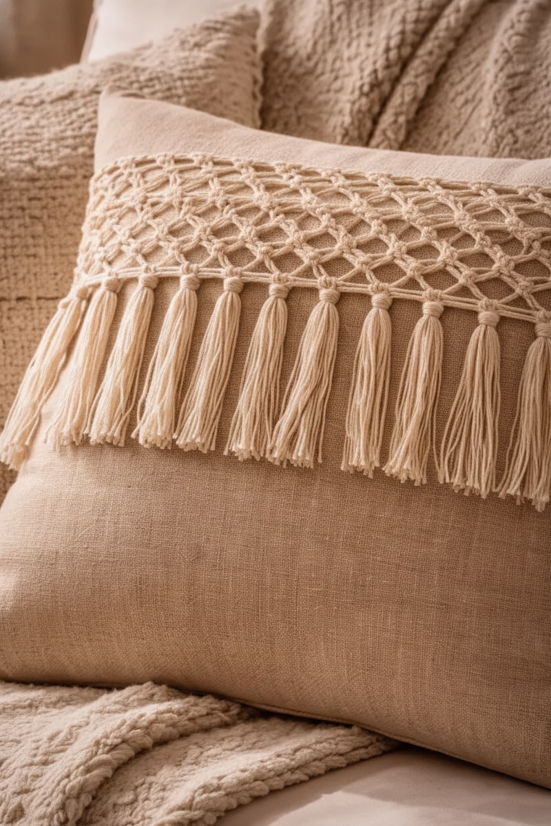 Boho Tassel Fringe Cotton Throw Pillow styled in a room