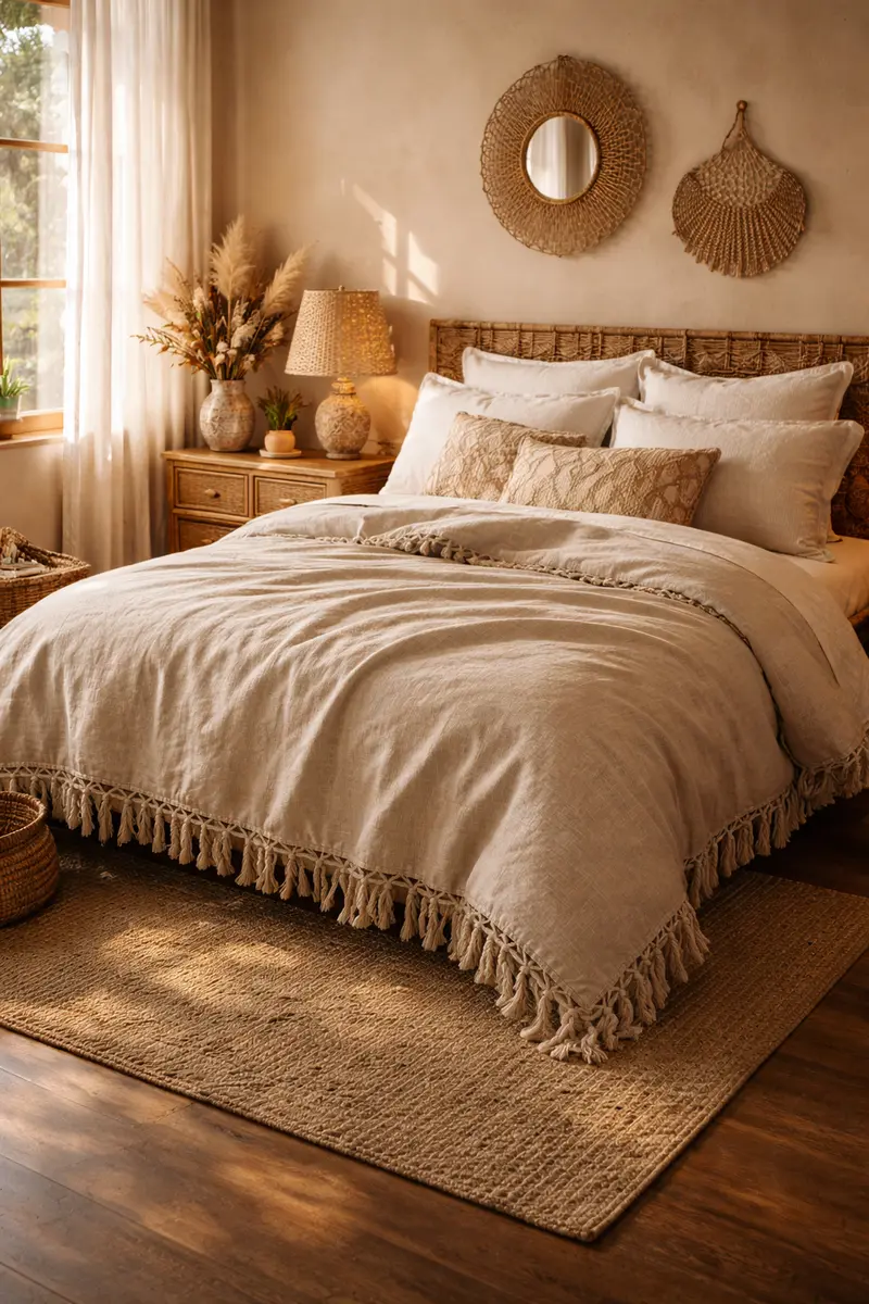 Boho Tassel Trim Linen Duvet Cover