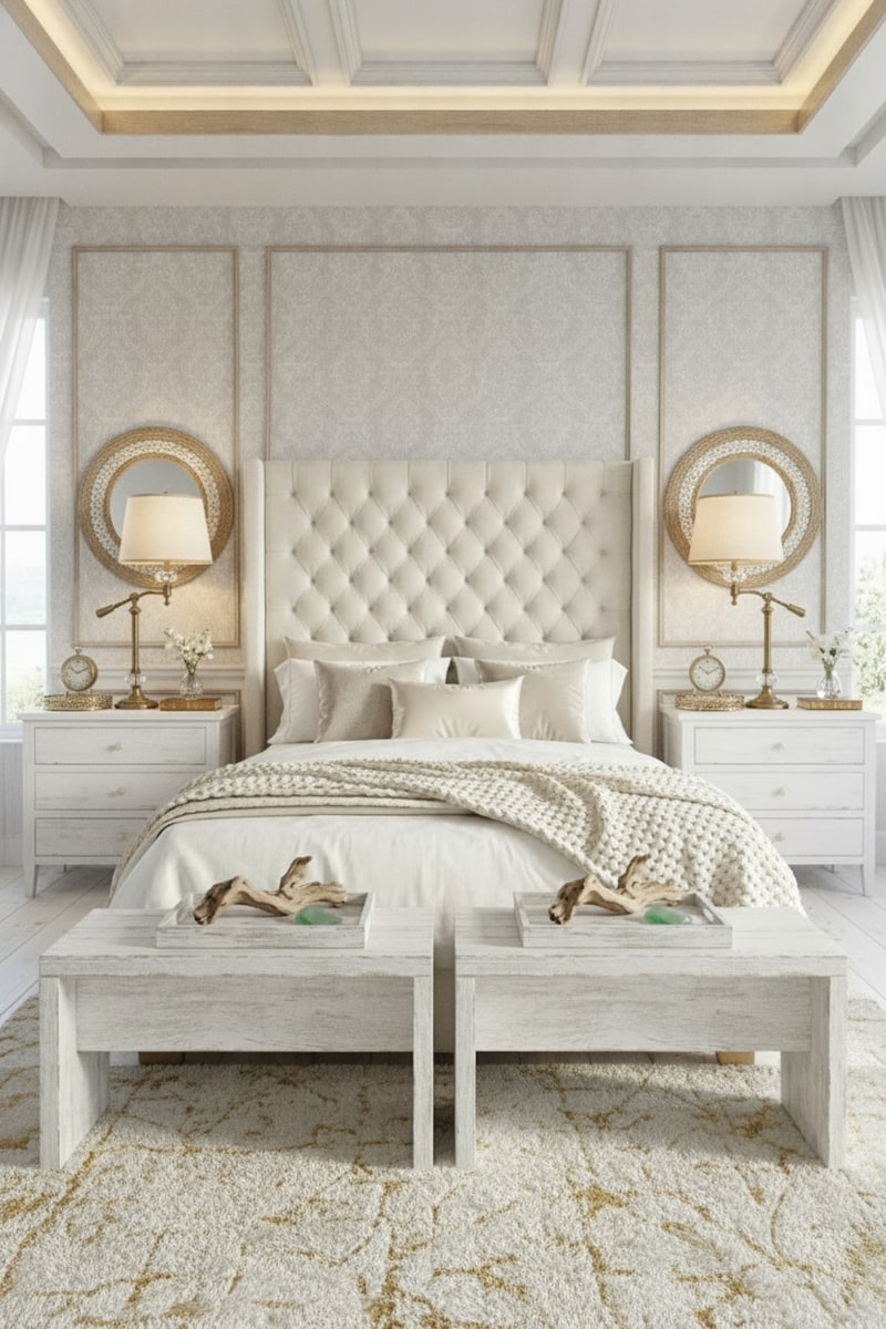 Brass and Crystal Bedside Lamp Pair styled in a room