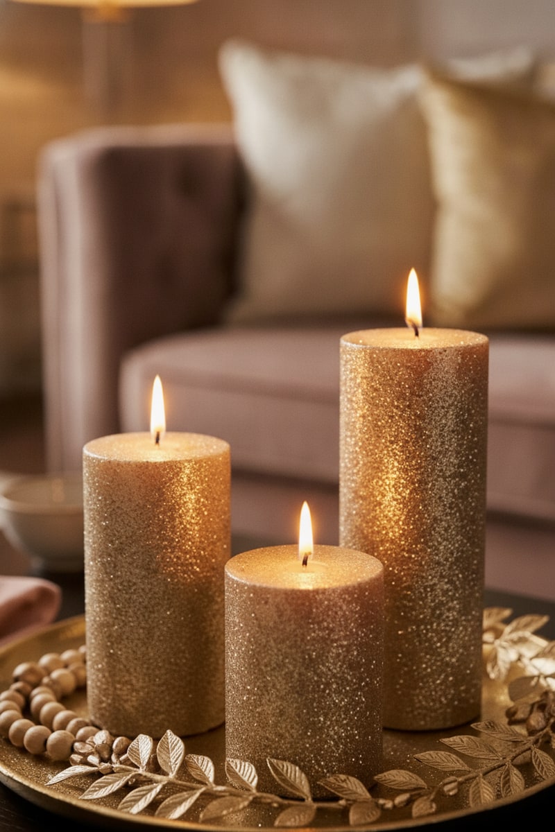 Champagne Glitter Pillar Candle Set styled in a room