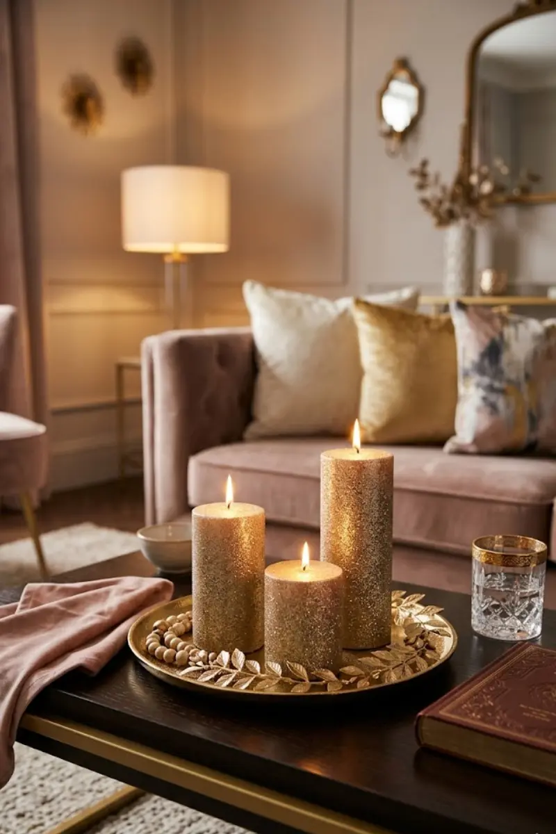 Champagne Glitter Pillar Candle Set