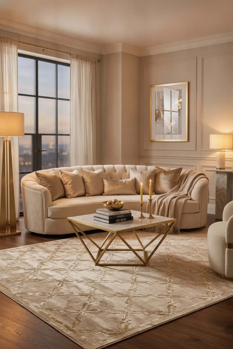 Champagne Gold Geometric Luxury Area Rug styled in a room