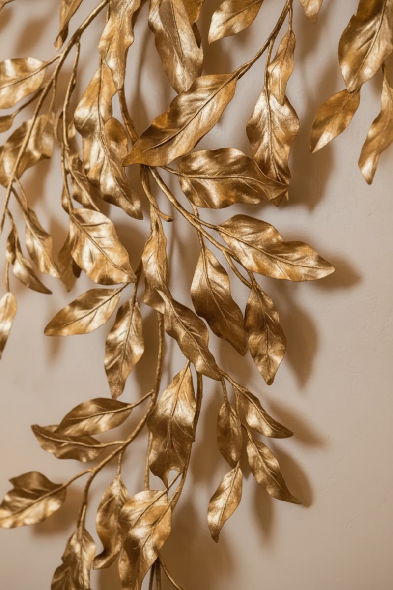 Champagne Gold Leaf Metal Wall Sculpture styled in a room