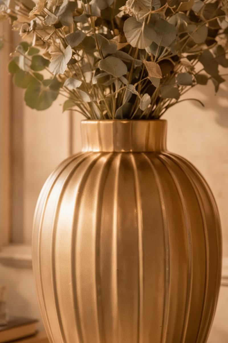Champagne Ribbed Ceramic Artisan Vase styled in a room