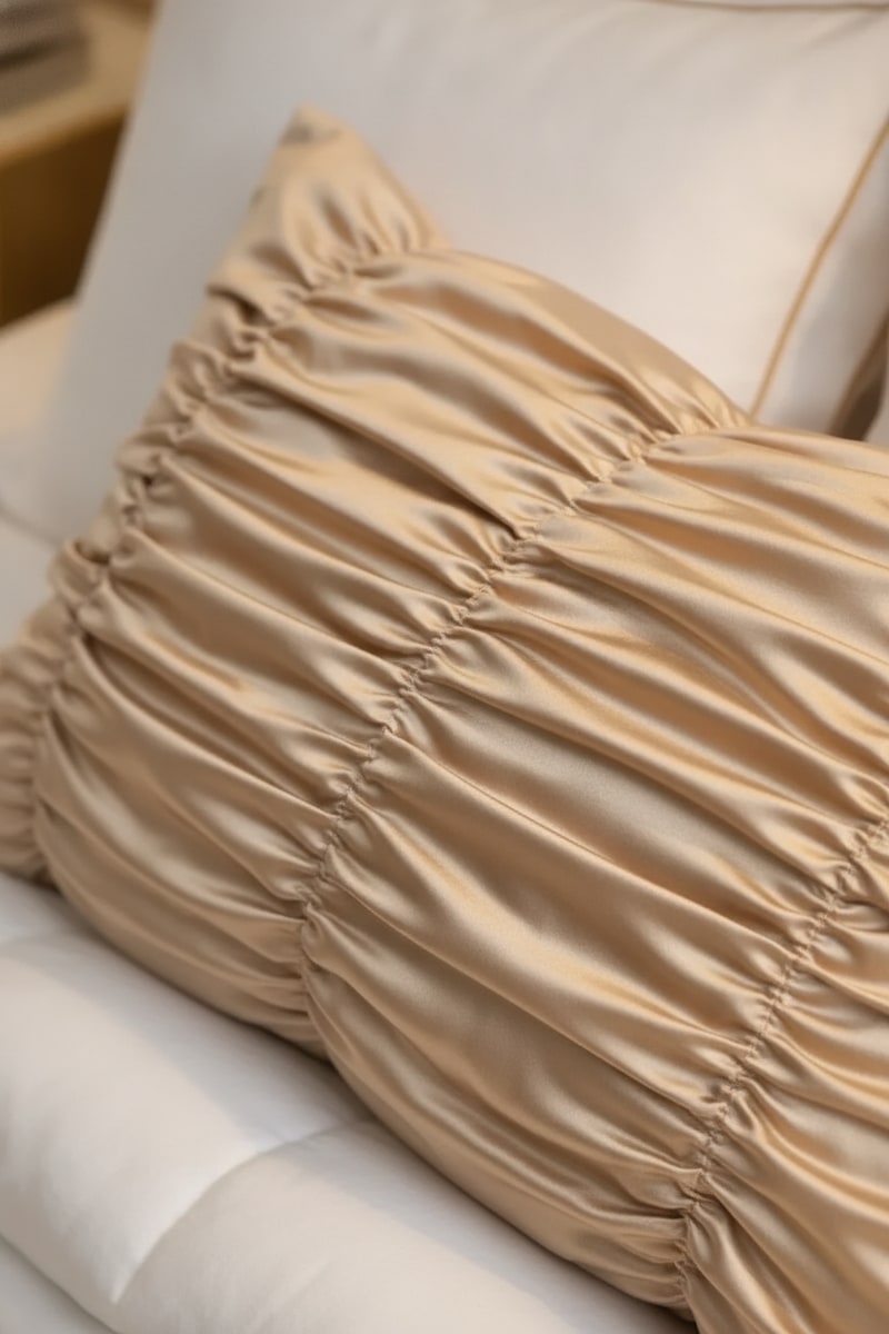 Champagne Satin Ruched Lumbar Pillow styled in a room