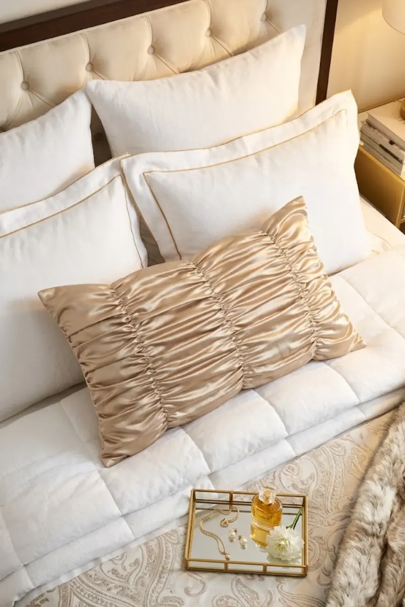 Champagne Satin Ruched Lumbar Pillow