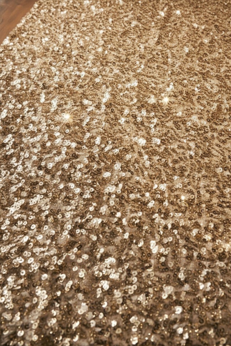 Champagne Sequin Metallic Accent Rug styled in a room