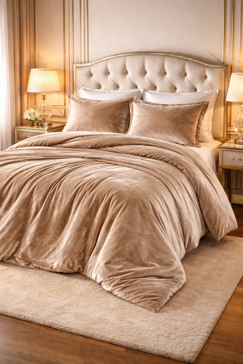 Champagne Velvet Comforter Bedding Set