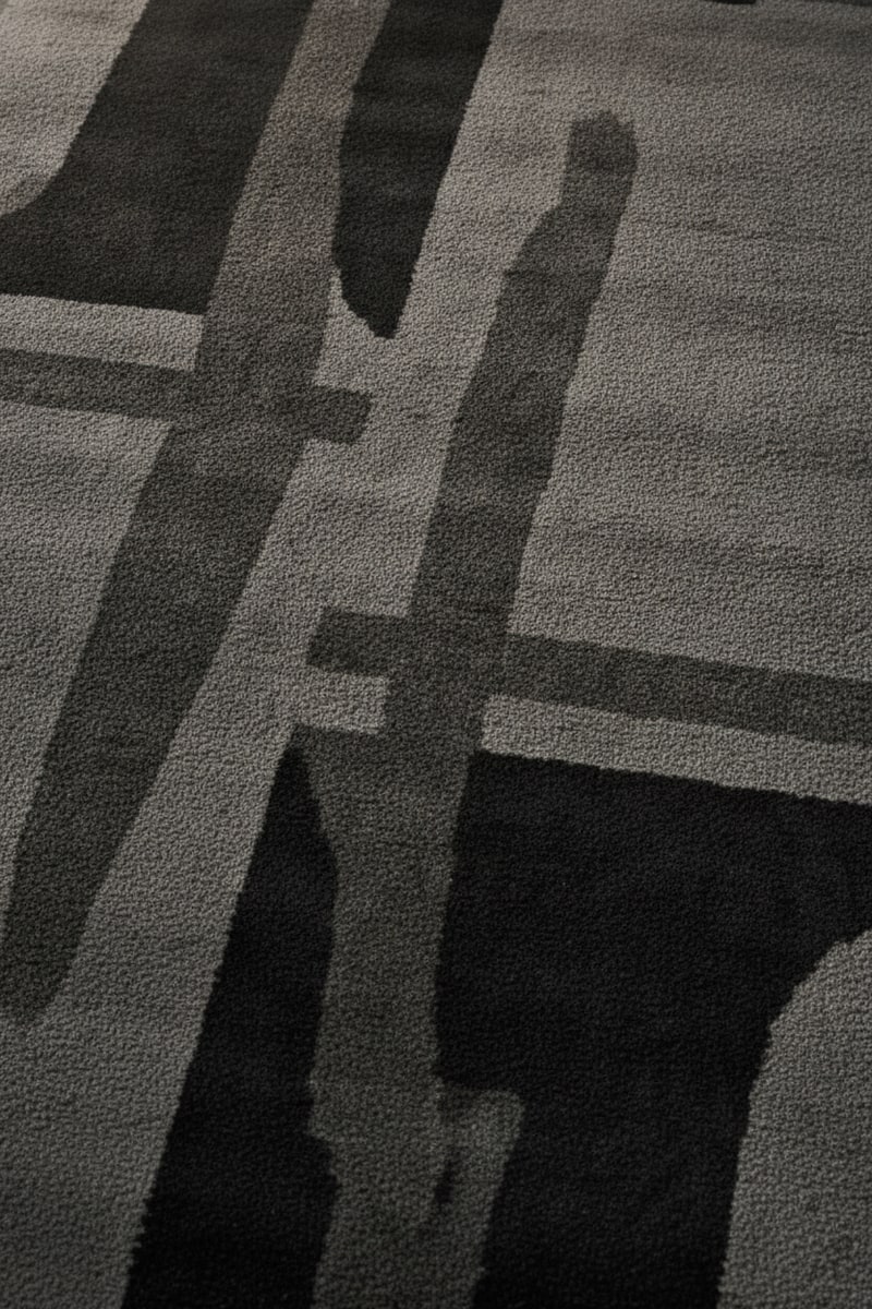Charcoal Abstract Low-Pile Industrial Area Rug styled in a room