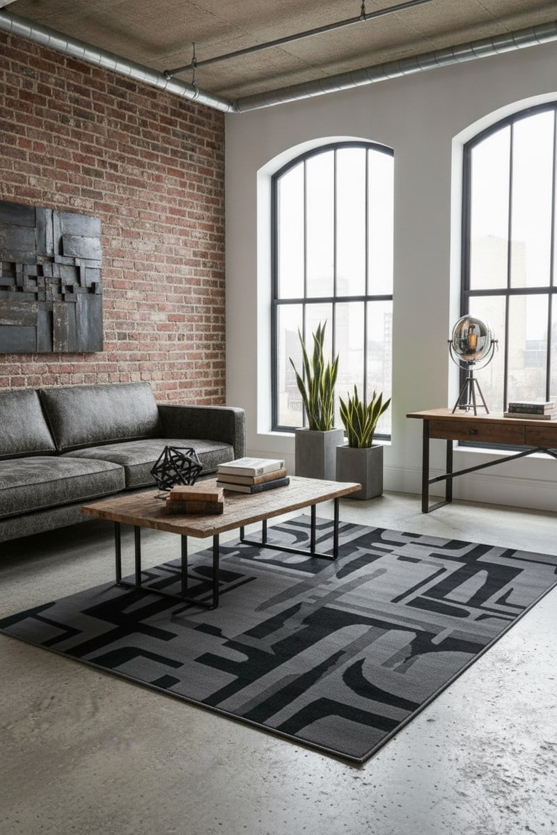 Charcoal Abstract Low-Pile Industrial Area Rug view 3