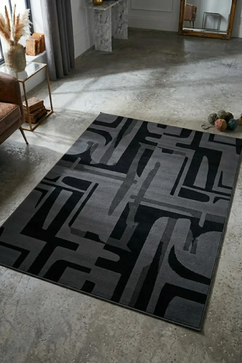 Charcoal Abstract Low-Pile Industrial Area Rug