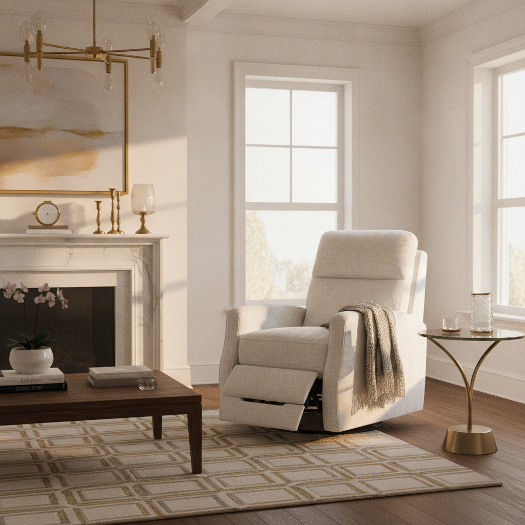 White Chenille Velvet Power Recliner, 360° Swivel