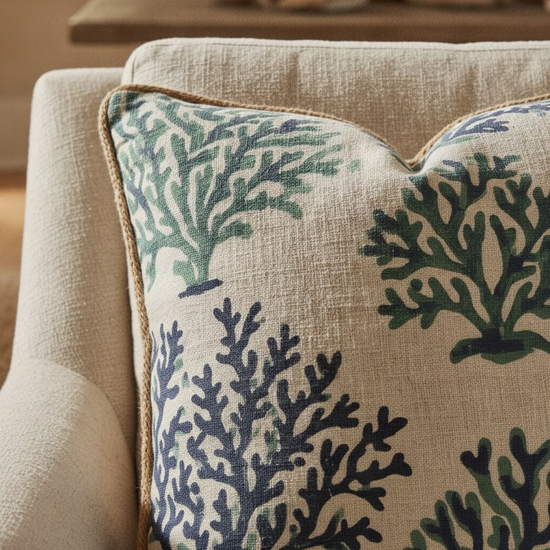 Coastal Block Print Throw Pillow styled in a room