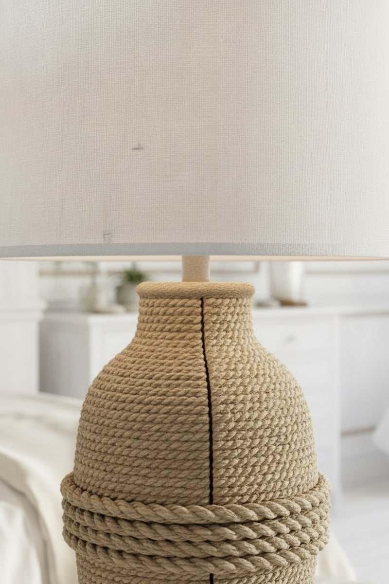Coastal Ceramic Lamp with Rope Detail styled in a room