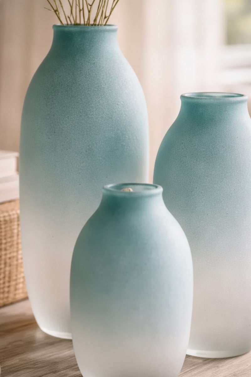 Coastal Sea Glass Blue Ceramic Vase Set styled in a room
