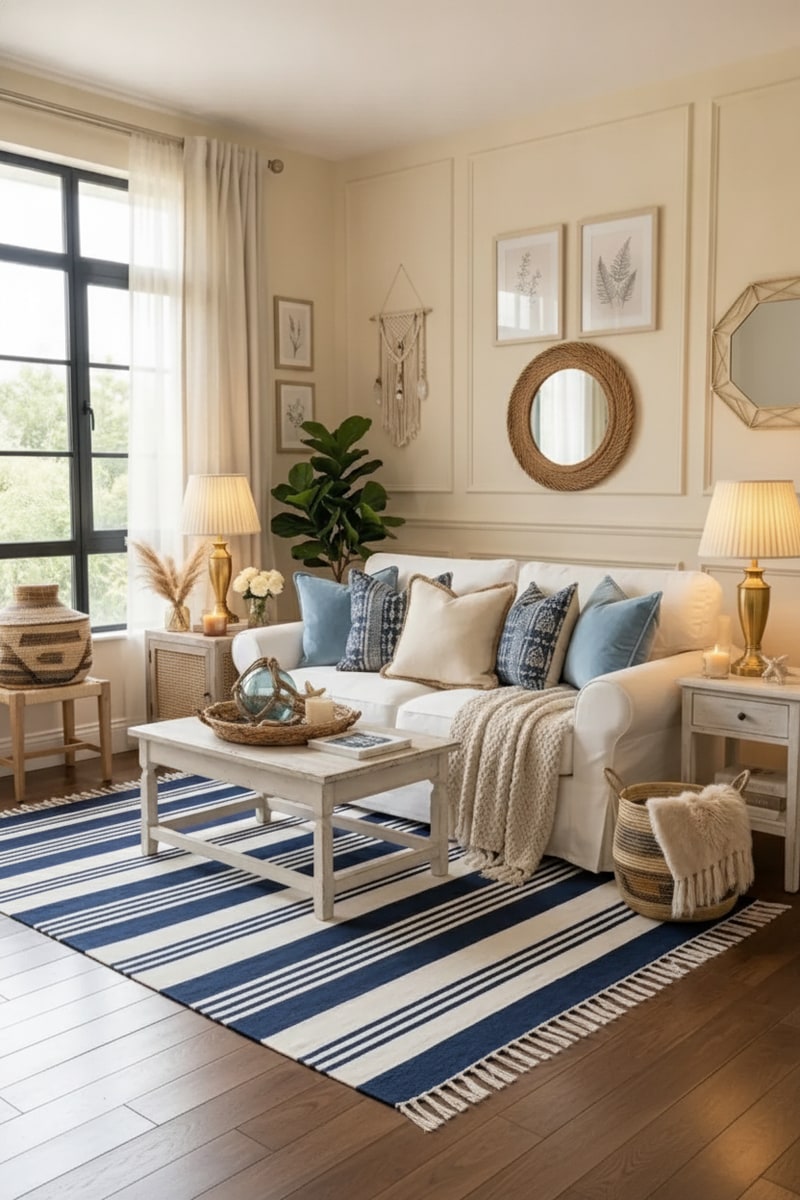 Navy and White Stripe Cotton Flatweave Rug styled in a room
