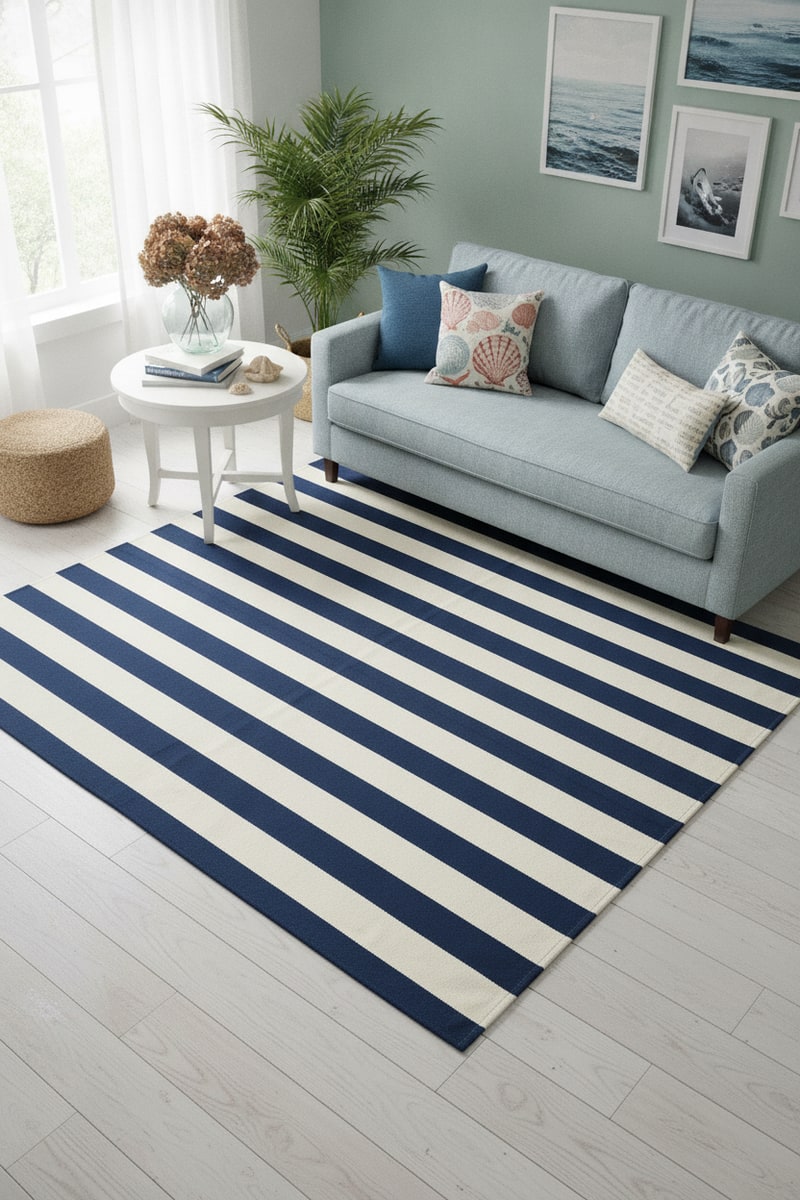 Navy and Cream Coastal Stripe Cotton Rug view 3