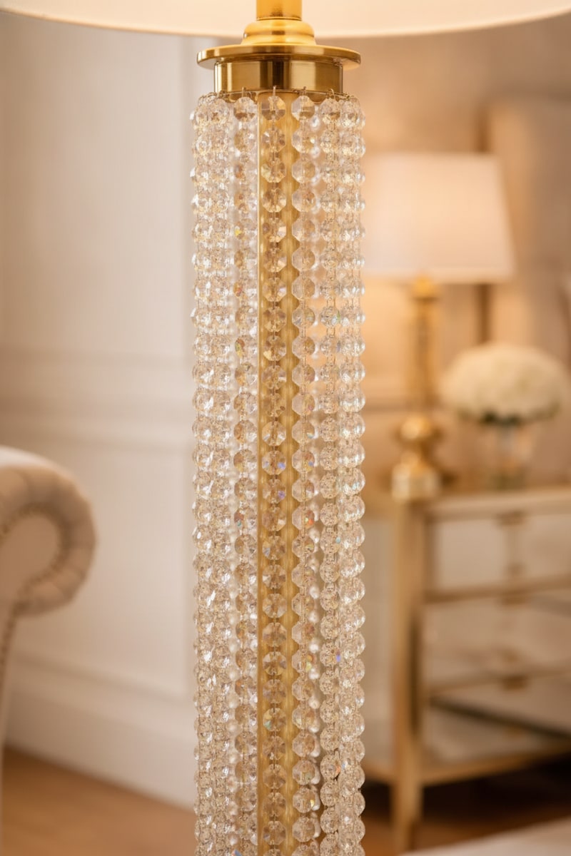 Crystal Beaded Column Floor Lamp styled in a room