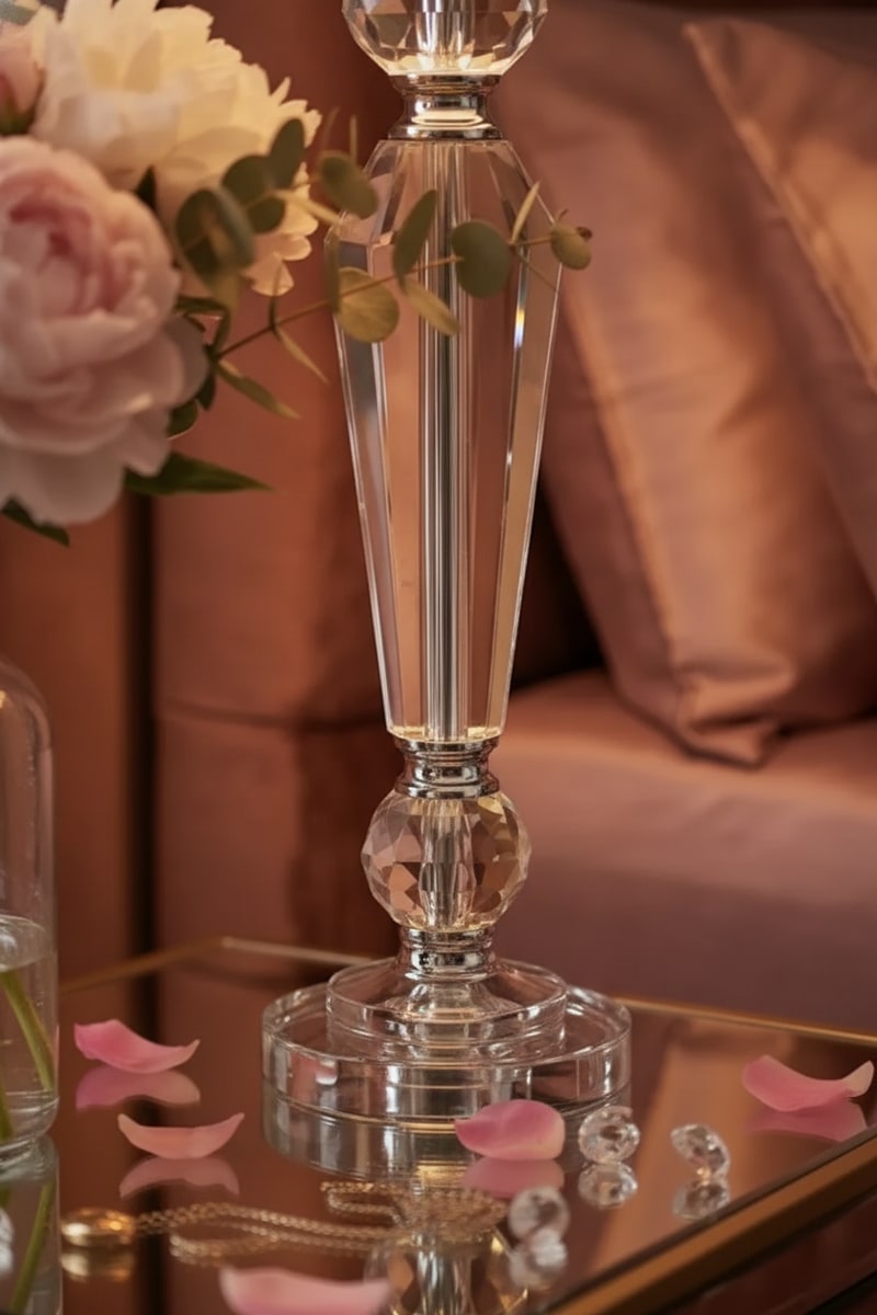 Crystal Table Lamp with Gold Base styled in a room