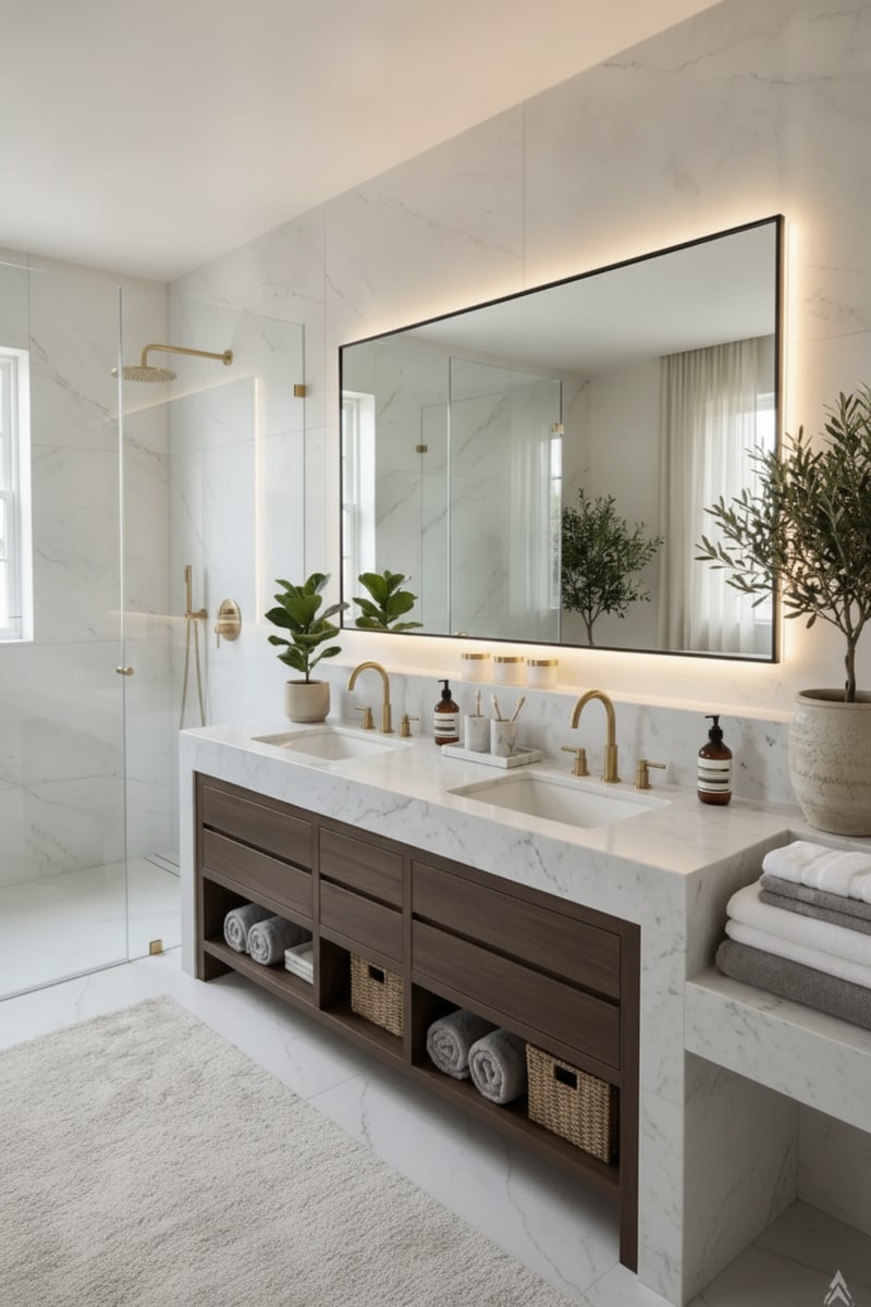 Double Sink Wide Bathroom Mirror styled in a room