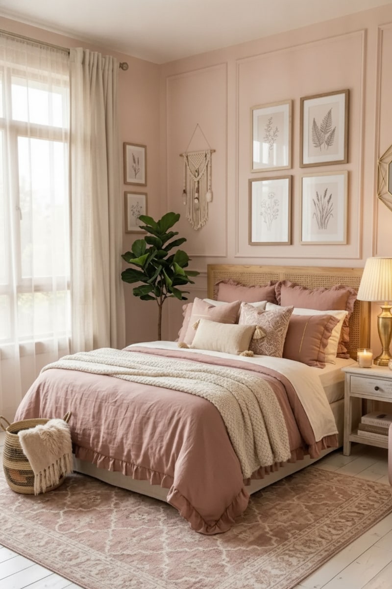 Dusty Rose Moroccan Trellis Bedroom Rug styled in a room