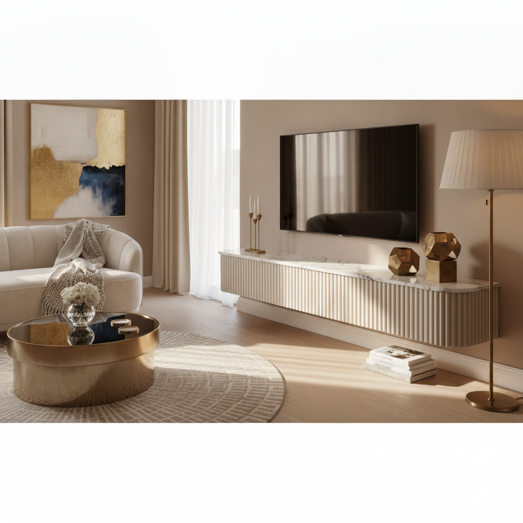 Wall-Mounted Fluted TV Console, Stone Top