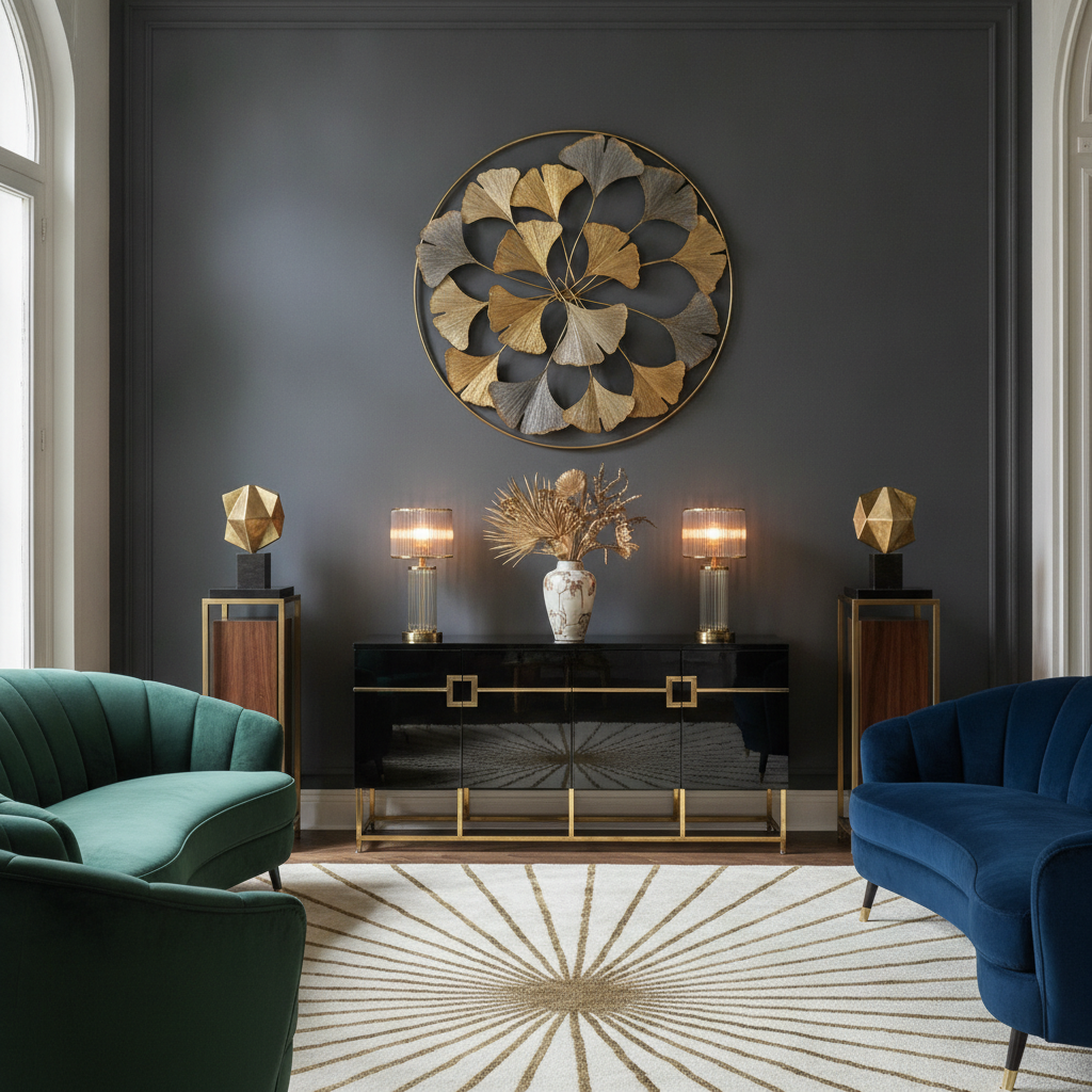 Ginkgo Leaves Round Metal Wall Art, Gold & Gray