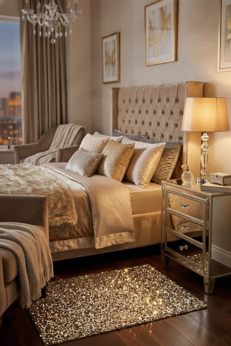Glam Sequin Metallic Accent Rug styled in a room
