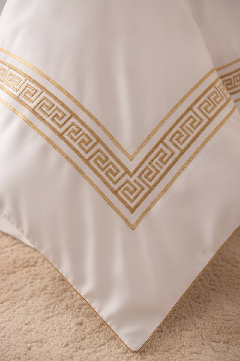 Gold Embroidered Luxury Sheet Set styled in a room