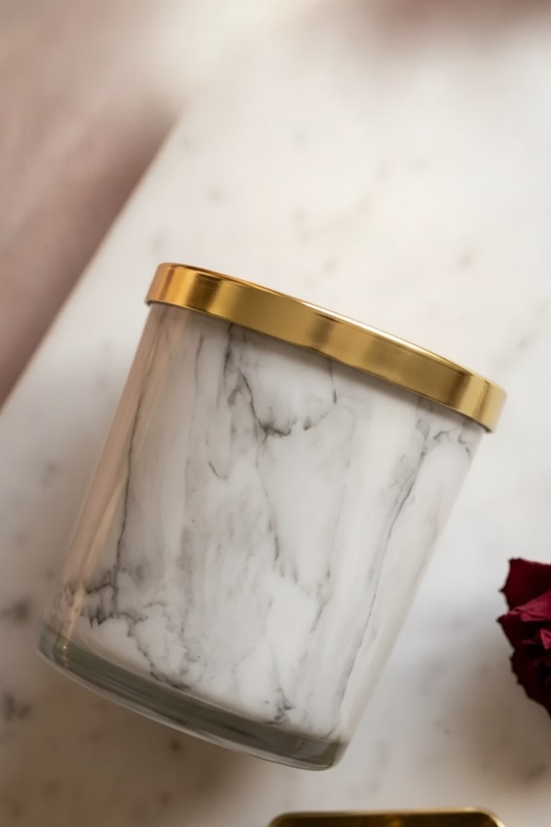 Gold Marble Luxury Soy Candle styled in a room