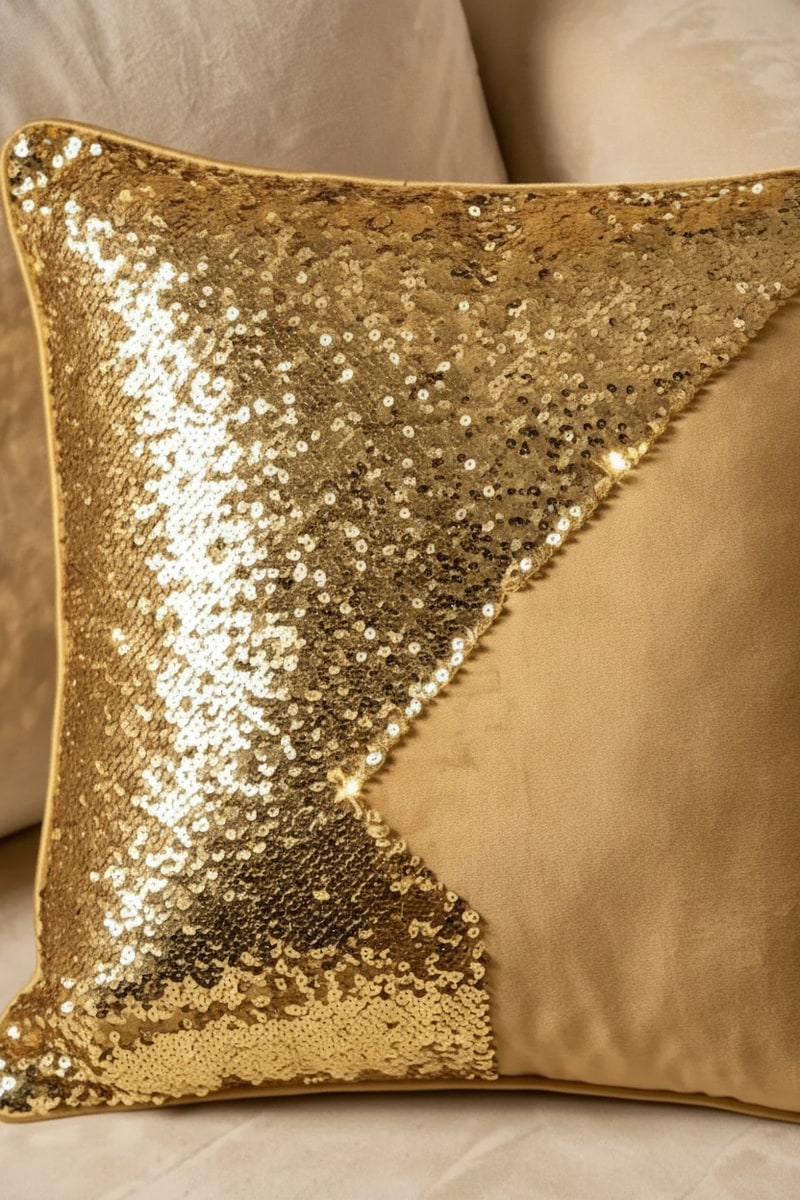 Gold Sequin Reversible Accent Pillow styled in a room