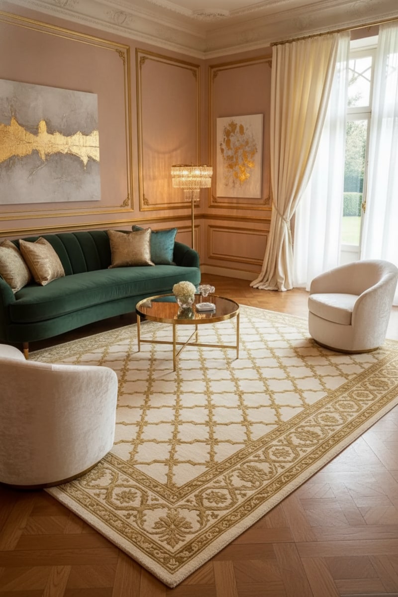Gold Trellis Luxury Woven Area Rug styled in a room