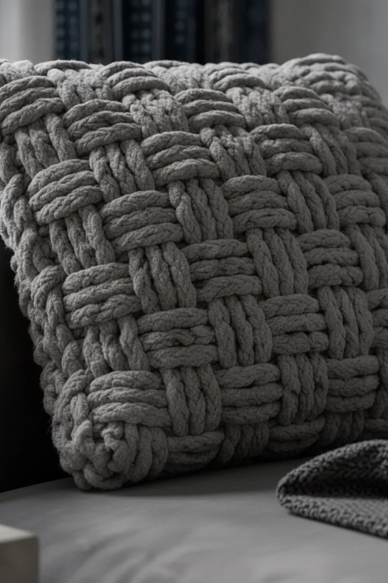 Grey Chunky Knit Oversized Throw Pillow styled in a room
