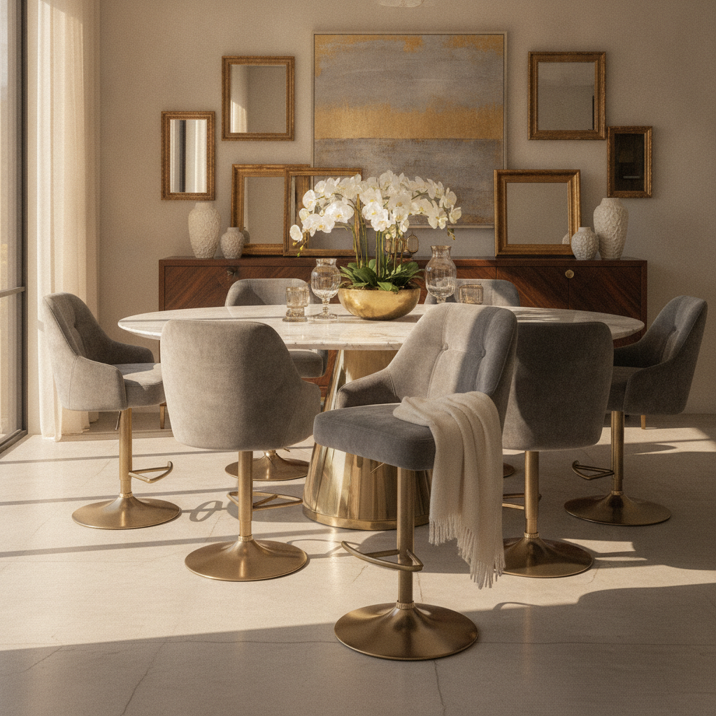 Grey Velvet Swivel Bar Stools, Set of 4