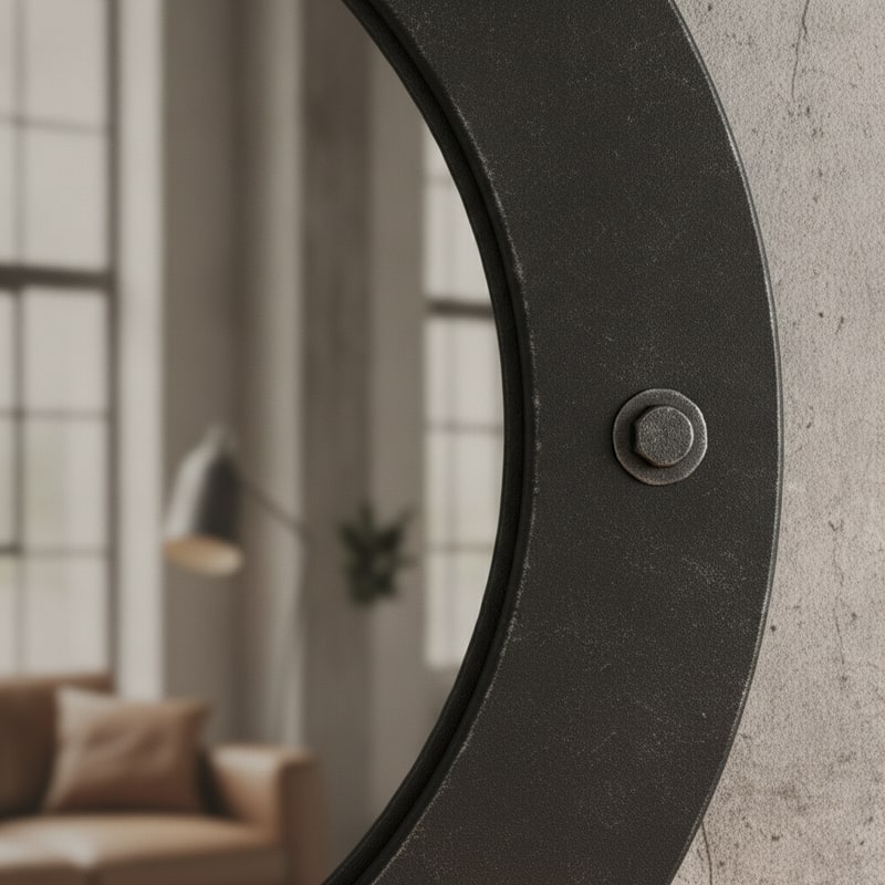 Industrial Black Metal Round Mirror styled in a room