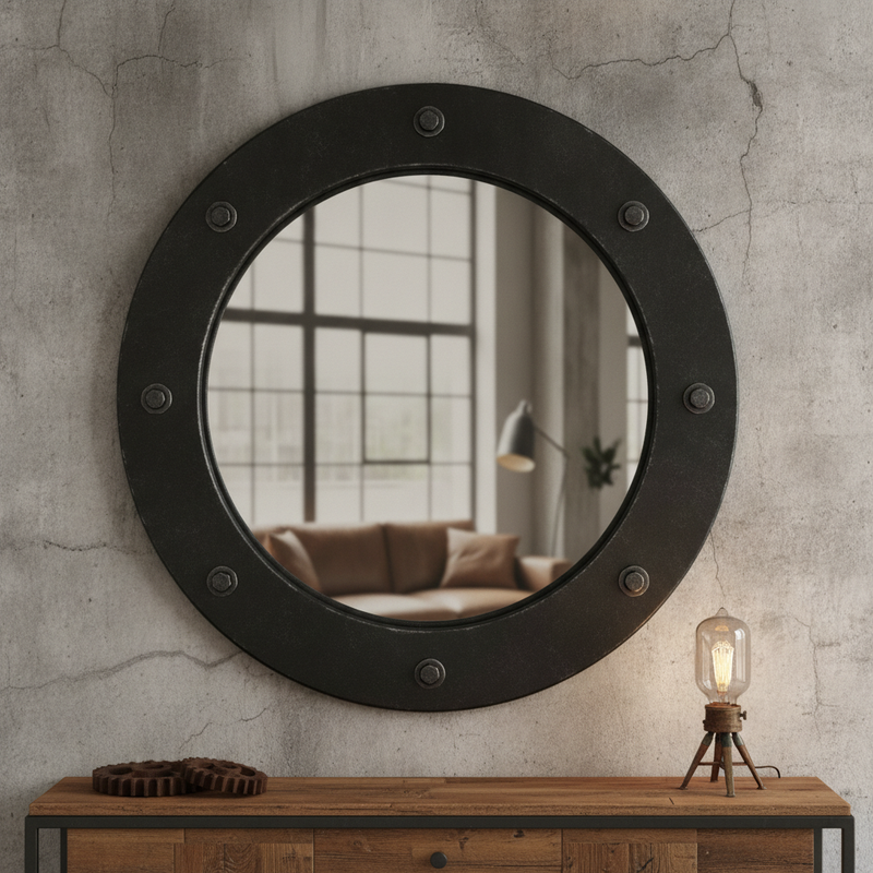 Industrial Black Metal Round Mirror