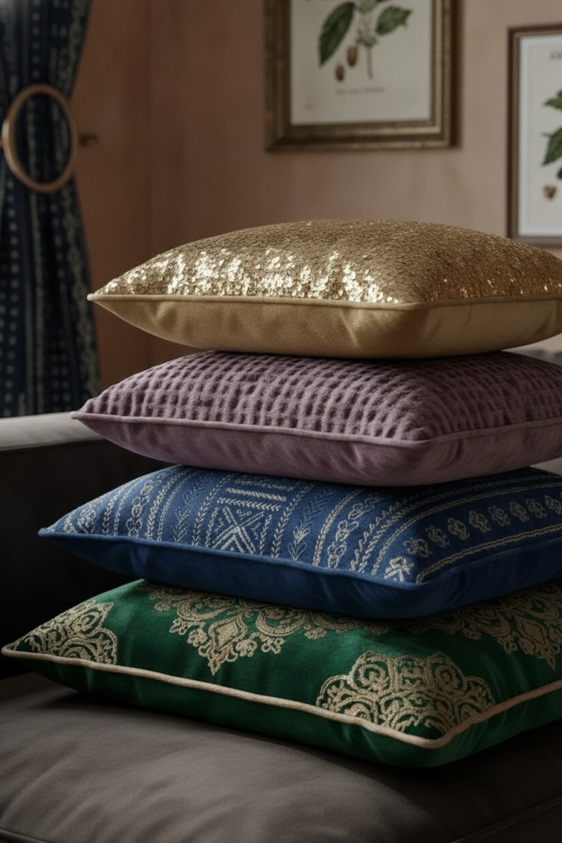 Jewel Tone Velvet Pillow Cover Set of Four styled in a room