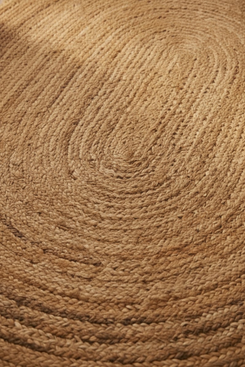Natural Jute Braided Oval Farmhouse Area Rug styled in a room