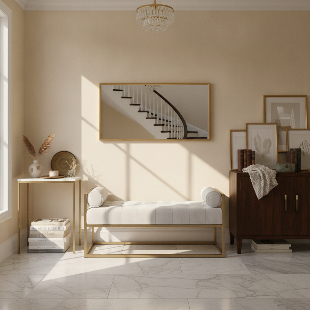 White Line-Tufted Velvet Entryway Bench, Gold Frame