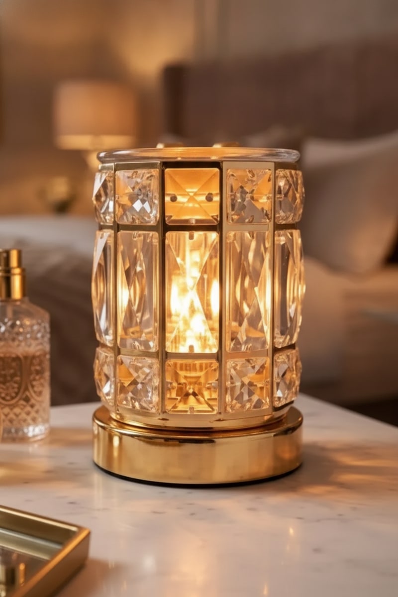 Luxury Crystal Glass Wax Melt Warmer Set styled in a room