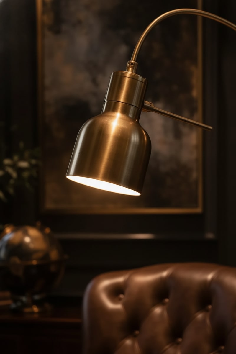 Marble and Brass Reading Arc Floor Lamp styled in a room