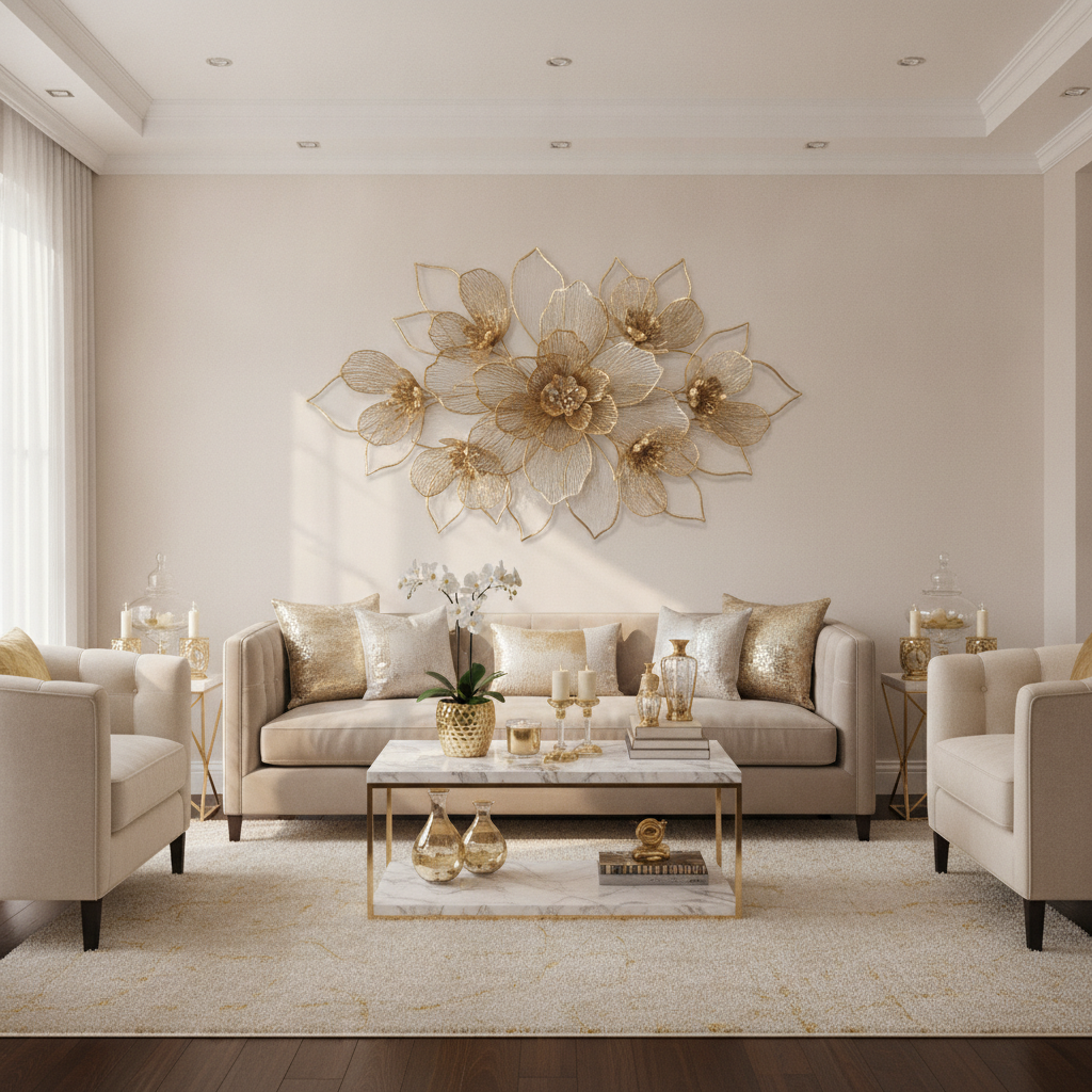 Metal Flower Wall Art, Gold & White
