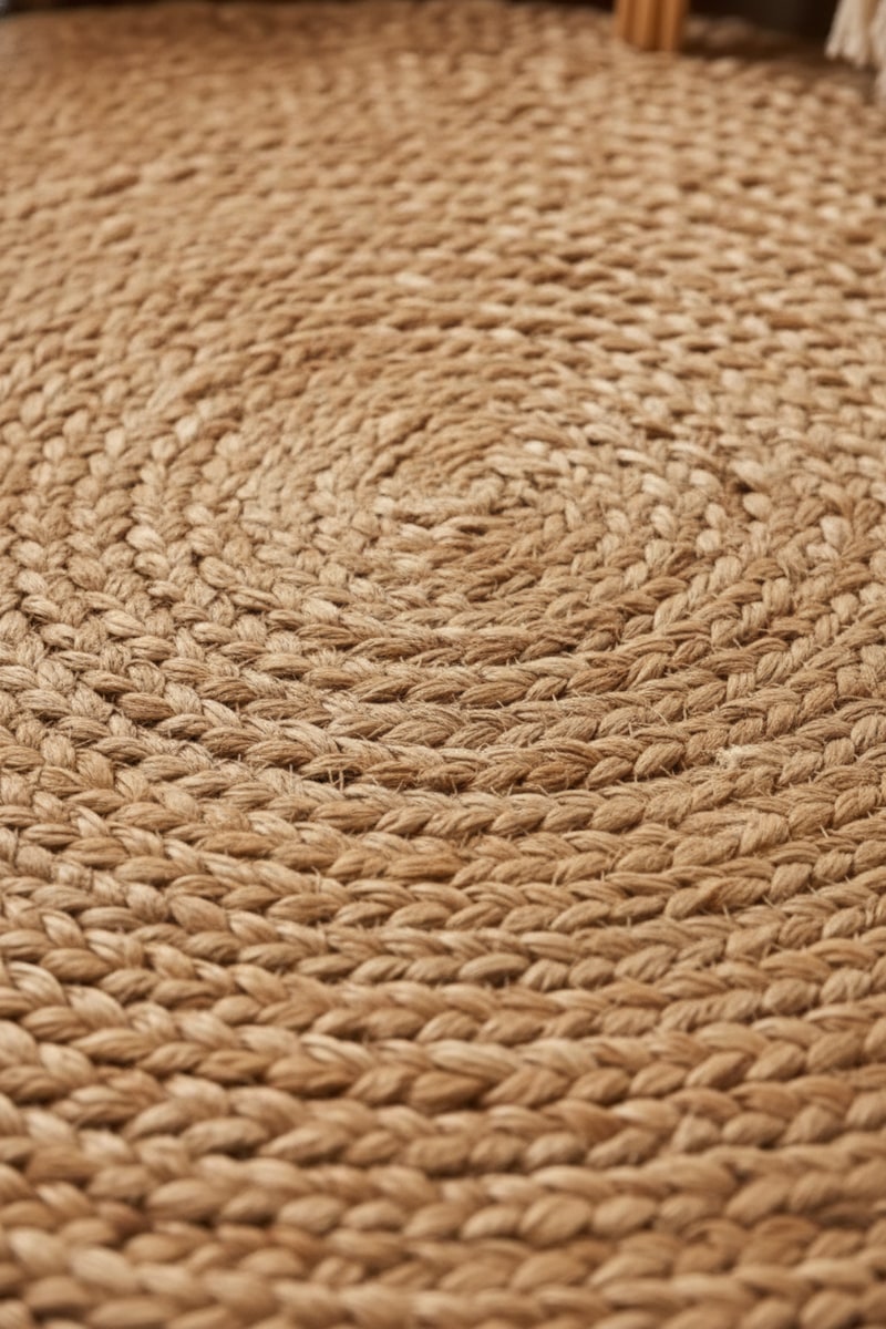 Natural Jute Braided Boho Area Rug styled in a room