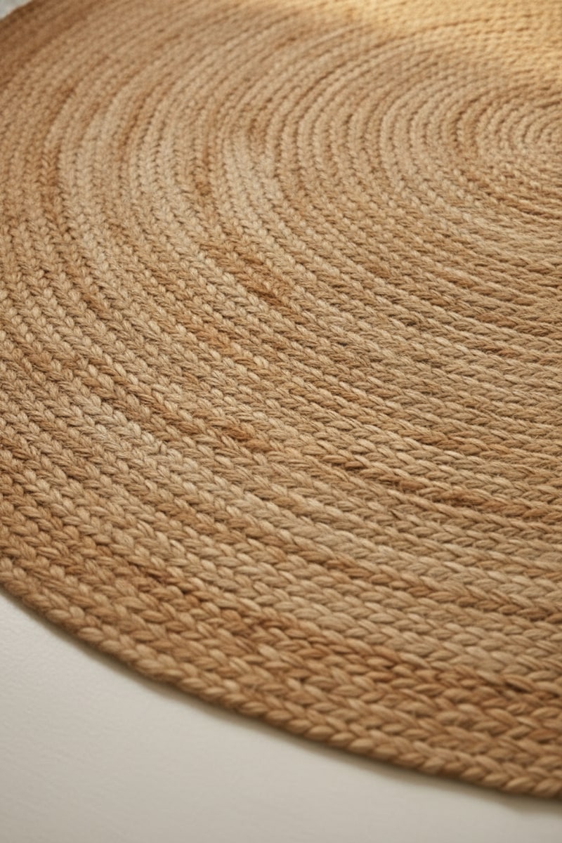 Natural Jute Braided Round Area Rug styled in a room