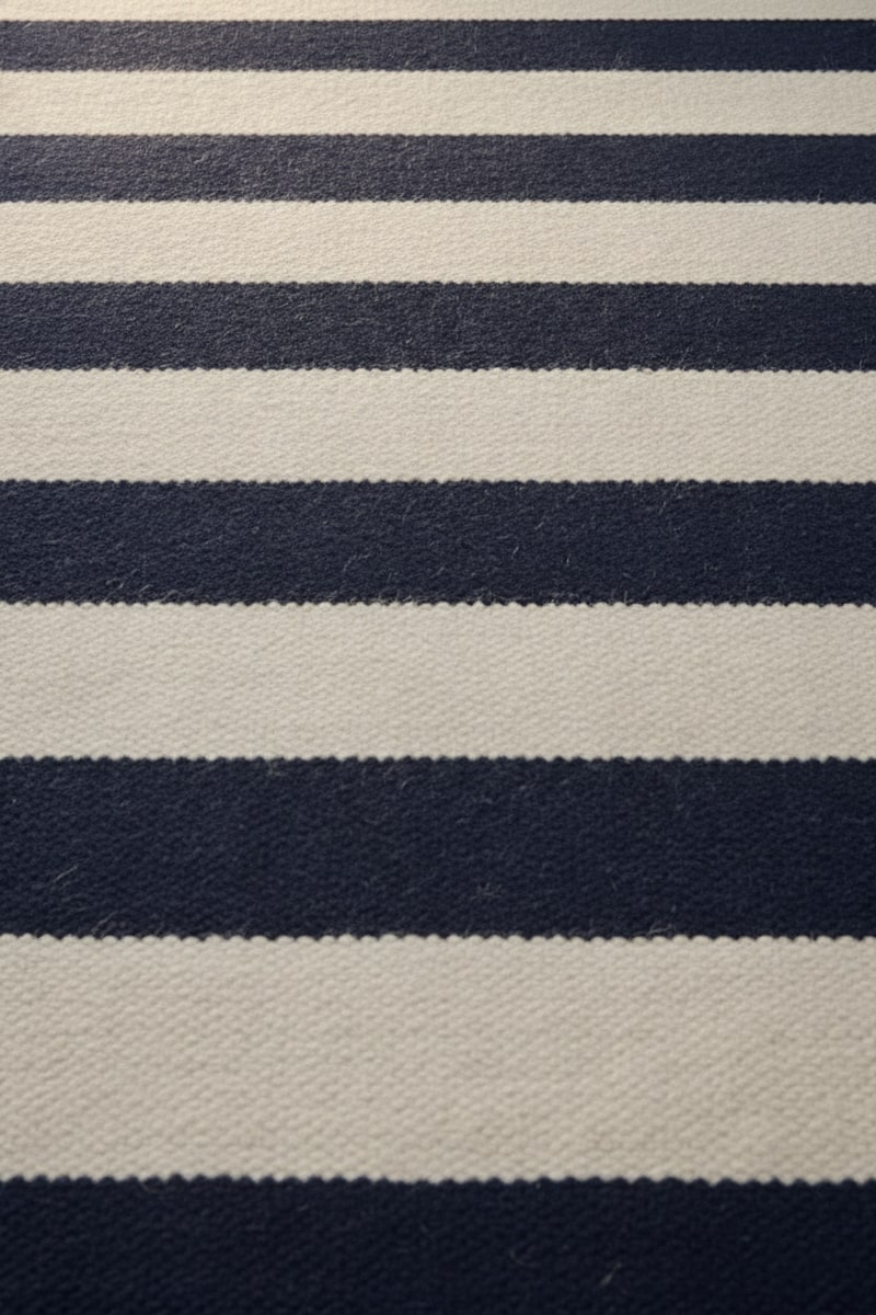 Navy Stripe Cotton Flatweave Rug styled in a room